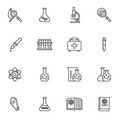 Scientific research line icons set, science outline vector symbol collection, linear style pictogram pack. Signs logo illustration. Set includes icons - laboratory equipment, test tube, bacteria virus