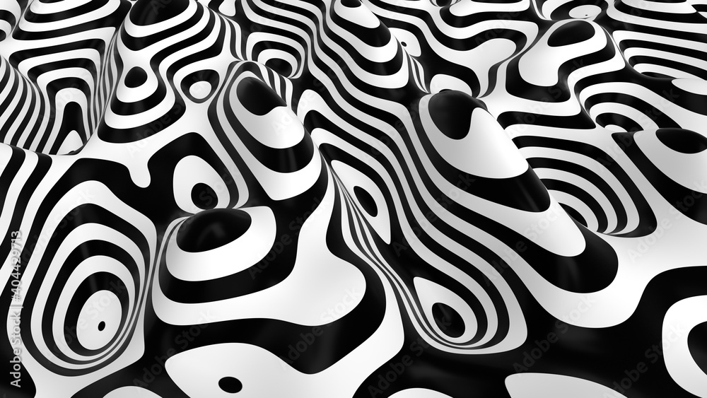 Poster abstract black and white liquid striped silk shape. 3d wavy striped motion background. bw lines patt