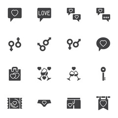 Love Valentines day vector icons set, modern solid symbol collection, filled style pictogram pack. Signs, logo illustration. Set includes icons as love message, sex gender, champagne glass