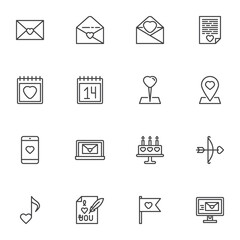 Valentines day line icons set, outline vector symbol collection, linear style pictogram pack. Signs, logo illustration. Set includes icons as love letter, calendar day, email message, romantic music