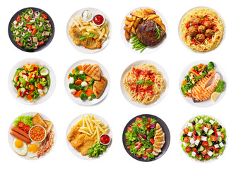 various plates of food isolated on a white background, top view - 404431137