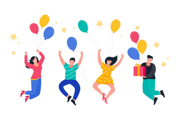 Cartoon friends celebrating birthday with balloons and gifts.