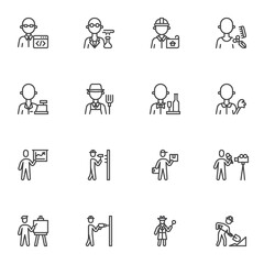 People profession and occupation line icons set, outline vector symbol collection, linear style pictogram pack. Signs, logo illustration. Set includes icons as foreman worker, programmer, delivery man