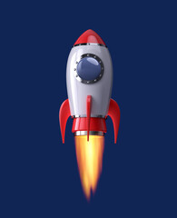 Cartoon spacecraft with flame isolated on blue background. Clipping path included