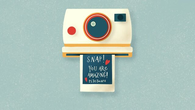 Instant camera with a photo and love message. Colorful hand drawn illustration with hand lettering for Happy Valentine&rsquo;s day. Minimal illustrated motion design loop animation.