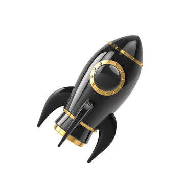 Black metal flying rocket isolated on white