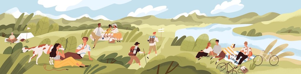 Landscape with people spending summer time outdoor. Men and women with children and pets relaxing in nature, having picnics and hiking on sunny day. Colored textured flat vector illustration