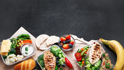 Takeaway lunch boxes with homemade nutrition food - meat, vegetables and fruits.