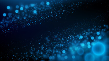 Abstract vector background with blue glitter dust. Defocused glitters, glowing particles on dark.