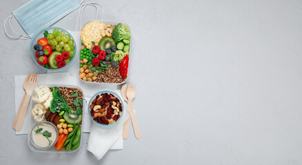 Takeaway  lunch boxes with homemade nutrition food. Organic vegan meals.
