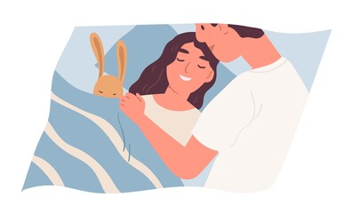 Dad puts her child to bed and covering with blanket before sleep. Happy relations between father and daughter. Smiling girl with fluffy hare toy in bed. Colorful flat vector illustration isolated