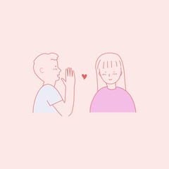 Valentine's day concept: A cute young shy couple character is flirting on pink background.