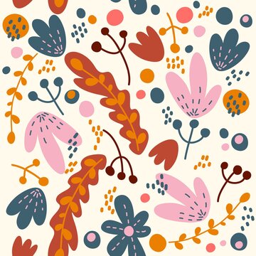 Bright stylized flowers, herbs and plants, seamless botanical pattern