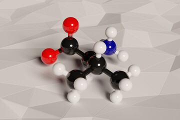 Valine (l-valine, Val, V) amino acid molecule. 3D rendering.