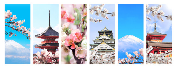  Set of vertical banners with landmarks of Japan