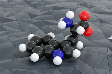 Tryptophan (l-tryptophan, Trp, W) amino acid molecule. 3D rendering.