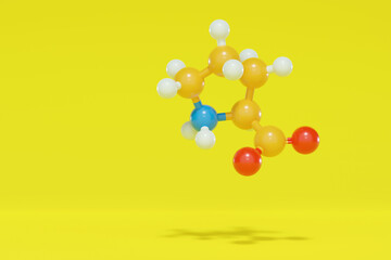 Proline (l-proline, Pro) amino acid molecule. 3D rendering.