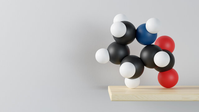 Proline (l-proline, Pro) amino acid molecule. 3D rendering.