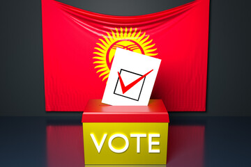 3d illustration of a ballot box or ballot box, into which a ballot bill falls from above, with the Kyrgyzstan national flag in the background. Voting and choice concept