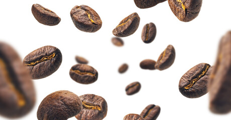 Coffee beans levitate on a white background