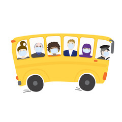 People in medical masks ride the bus. Traveling African American girl, hipster businessman, old man, woman in hijab, cute girl obey the rules of protection from the virus. Colored vector illustration.