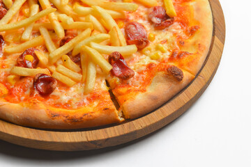 Fast food concept - pizza with french fries. Isolated on white, junk food, Italian pizza close up