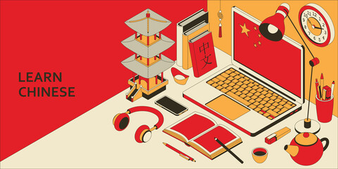 Learn Chinese language isometric concept with open laptop, books, headphones, and tea. Translation Chinese language