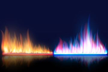 Red and blue flames on a dark background. Vector illustration