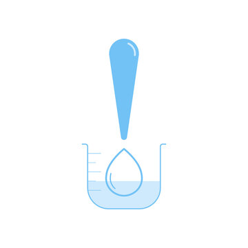 Exclamation Mark With Water Drop Indicate Low Level Of Water Quantity. Water Shortage Warning Symbol. Vector Illustration Outline Flat Design Style.