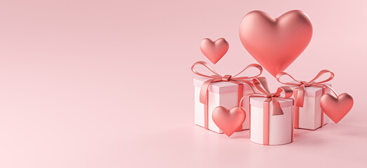 Valentines Banner Heart Shape and Gift Box Copy Space 3D Rendering
