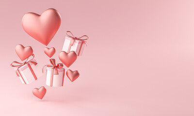Valentines Heart Shape and Gift Box Flying Copy Space 3D Rendering © natanaelginting