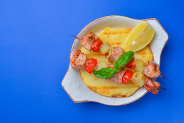 Turkish Kebab with lavash bread on a plate. Delicious dinner concept.