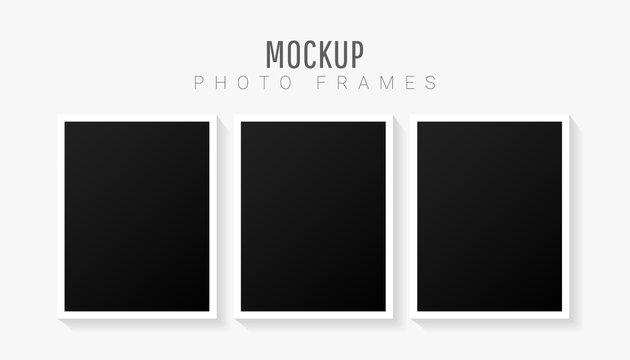 Empty white picture mockup template set with black frame isolated on white background. Wall art artwork. Vector illustration