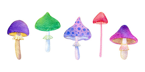 Set of colorful magic mushrooms isolated on a white background. Hand-drawn watercolor illustration