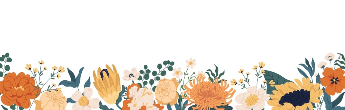 Gorgeous Floral Backdrop With Border Of Blooming Autumn Flowers And Leaves. Design Of Horizontal Banner With Elegant Fall Plants Isolated On White Background. Colorful Flat Vector Illustration