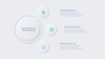 Neumorphic circle elements for infographic. Template for diagram, graph, presentation and chart. Skeuomorph concept with 3 options, parts, steps or processes