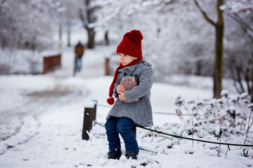 Beautiful toddler child, cute boy, playing in snowy park winter time