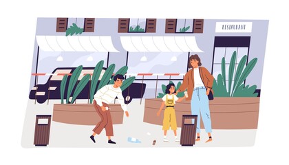 Child collecting garbage in street. Young modern mother with children picking up rubbish to throw it into waste bin. Boy and girl show good manners and care about clean city. Flat vector illustration