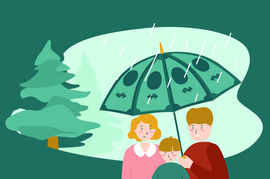 Illustration of family protection under umbrella insurance. Outdoor rain. Vector flat design 