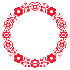 Polish folk art vector round frame design with flowers and heart inspired by traditional highlanders embroidery Lachy Sadeckie 
