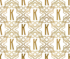 Golden initial seamless pattern with K letter. Heraldic vintage decorative wallpaper, fabric print or wrapping.