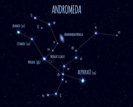 Andromeda constellation, vector illustration with the names of basic stars against the starry sky