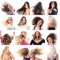 Collage mosaic of many beautiful women tossing long flying hair in motion isolated on white background. 