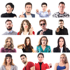 Fototapeta na wymiar Set of angry displeased males and females people disapproving with various gestures isolated on white background. 
