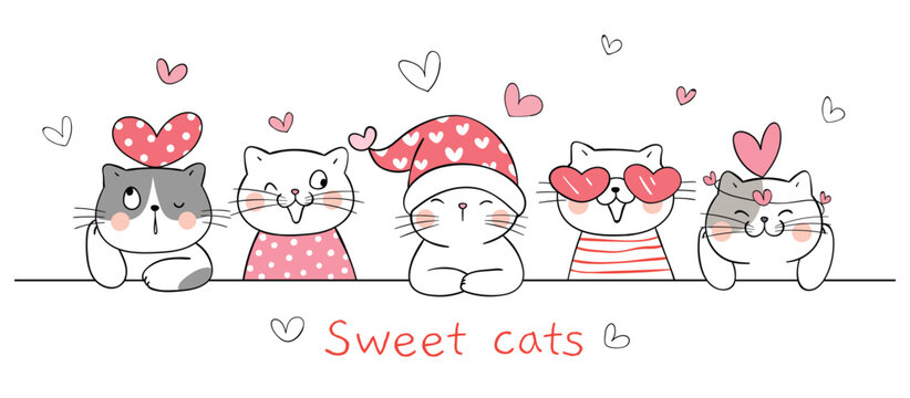 Draw sweet cats with little heart for valentine.