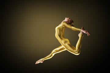 Jumping Woman dance in golden Body Suit. Ballerina back bend Profile view. Dark background