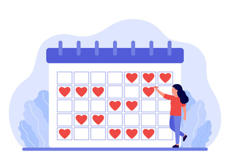 Woman plans in the calendar of the month red heart sign. Love sign. Days of love and self-care. Girl notice the date, schedule. Vector illustration