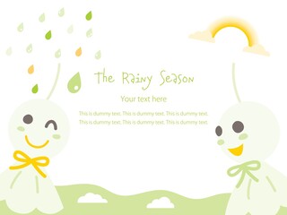 梅雨の空と雨と虹と緑色のてるてる坊主の背景