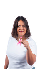 Caucasian girl holding breast cancer ribbon