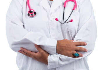 Caucasian doctor woman with pink stethoscope